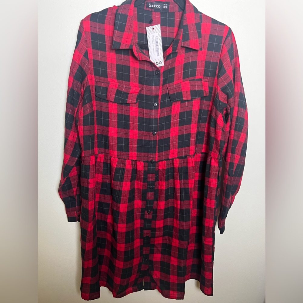 Boohoo Flannel Ruffle Hem Dress Size Large Oversized Smock Dress